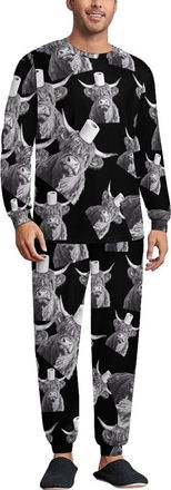 Generic Highland Cow with Toilet Paper Mens Pajamas 2 Piece Set Crew Neck Long Sleeve Sleepwear Loungewear Top And Bottom L