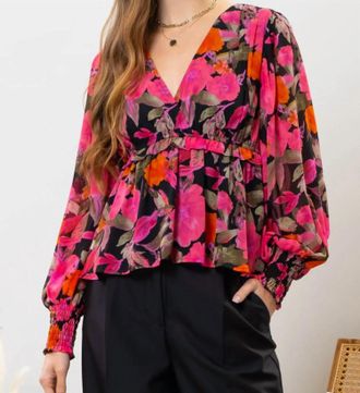 Blu Pepper Floral Print V-Neck Peplum Top In Multi