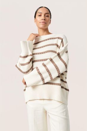 Soaked In Luxury Ravalina Stripes Casual Fit Pullover in White And Walnut Stripe at Nordstrom, Size Xx-Large