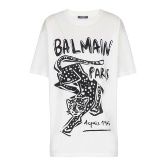 Balmain T-Shirts, female, White, Size: XS Short-sleeved T-shirt with leopard print