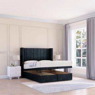 Sloomy Falcon Naples Fabric Ottoman Bed End Opening With Sprung Memory Mattress & 54 Inch Floorstanding Headboard With Wings in Black | Size: Single