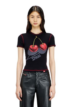 Diesel Slim cotton T-shirt with cherry print - T-Shirts - Woman - Black