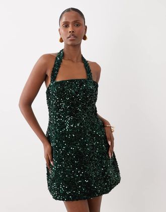 Bardot Vestito corto skater con paillettes, scollo allamericana e scollo Bardot, verde scuro