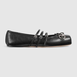 Gucci Womens Gucci Horsebit Ballet Flat, Black, Leather