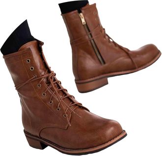 Generic Round Toe Chunky Block Low Heels Ankle Boots for Women Leather Short Bootie Lace-Up Zipper Retro Fashion Combat Boot Brown