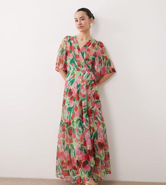 Hope & Ivy Petite Vestito lungo a portafoglio verde con stampa di petali e dettaglio allacciato