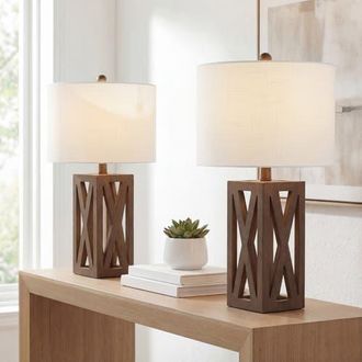 Jonathan Y Designs Stewart 21.5 Farmhouse Wood LED Table Lamp in Brown at Nordstrom