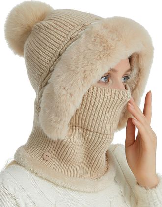 Feoya Women Winter Beanie Hats 2 in 1 Fleece Balaclava Hat Scarf Set with Pompon Thick Neck Warmer Hat Mask Set One Piece A-Beige