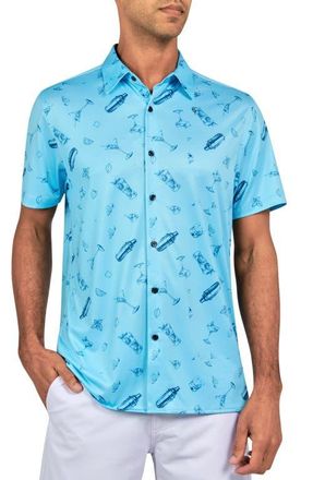 Con.Struct Regular Fit Cocktail Print Recycled Performance Golf Button-Down Shirt in Aqua at Nordstrom, Size Xx-Large