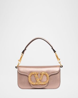 Valentino Garavani Small Crystal VLogo Metallic Leather Crossbody Bag