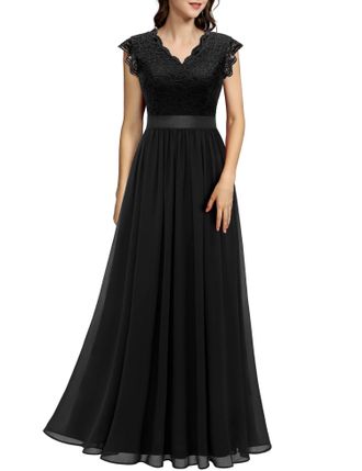 Dressystar Black V-Neck Sleeveless Lace Chiffon Maxi Dress for Women Bridesmaid & Cocktail Occasions, 2XL