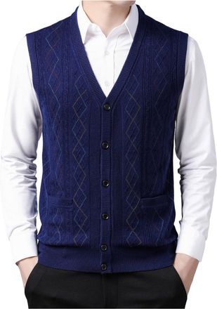 Generic Sleeveless Jumpers for Men UK Mens Knitted Waistcoats Buttons Down Sweater Vests V-Neck Knitted Gilets Gentleman Ribbed Sleeveless Cardigan Knit Tank 