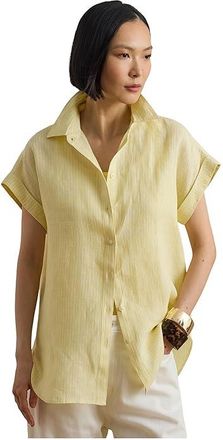 Lauren Ralph Lauren Relaxed Fit Striped Short Sleeve Shirt Womens Clothing Yellow/White : SM, Linen