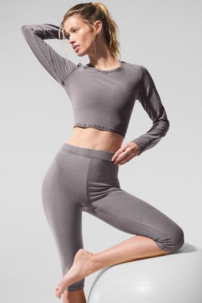Alo Washed Alosoft Crop Finesse Long Sleeve Top in Cool Grey Wash, Size: Medium