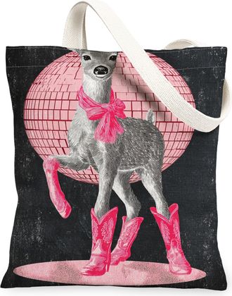 Generic Vintage Deer Canvas Tote Bags, Retro Animal Disco Pattern Reusable Grocery Bags, Stylish Lightweight Washable Shoulder Stra, Black, 13x15 Inch