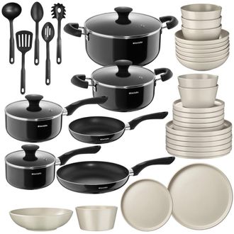 TecTake Juego de cocina, 39 piezas, 6 personas, apto lavavajillas, negro/gris
