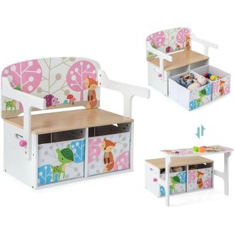 Costway Costway - Mesa Infantil 3 En 1, Banco De Actividades Convertible Para Ni&ntilde;os, Juego De Mesa Y Silla Con 2 Contenedores De Tela Extra&iacute;bles Blanco