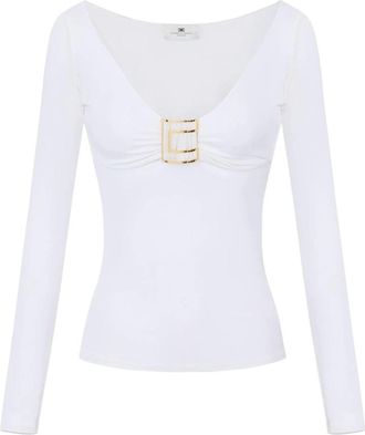 Elisabetta Franchi Jersey Top Met Juweel Detail - Dames - Longsleeves - Wit - L - Tops