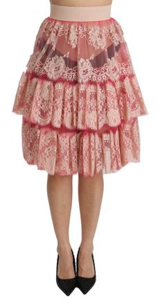 Dolce & Gabbana Womens Pink Lace Layered High Waist Knee Length Skirt - Multicolour Cotton - Size Small