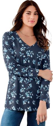 Roaman's Plus Size Ultimate Long Sleeve V Neck Tee in Navy Leafy Print at Nordstrom, Size 12