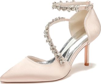 Miyoopark Bride Comfortable Wedding Shoes Womens Prom Pumps with Rhinestone Chains J607 Champagne 3.4 Heel UK 6