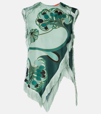 La DoubleJ Scarf fringed printed silk voile top