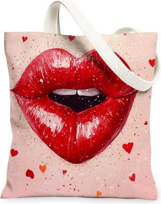 Generic Valentines Day Kiss Lips Canvas Tote Bags, Heart Print Reusable Shopping Bags, Romantic Chic Lightweight Washable Shoulder Strap Canvas for Travel Bea