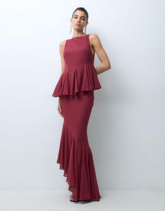 Asos vestito lungo bordeaux con scollo a barchetta, corpino asimmetrico e fondo asimmetrico con godet-Rosso