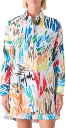 Akris Scribble Print Oversize Cotton Poplin Tunic Button-Up Shirt in Cream-Multi at Nordstrom, Size 10