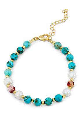 Savvy Cie Jewels GOLD PLATED OVER BRASS FRESH WATER PEARL-RED AGATE AND TURQUOISE BRACELET