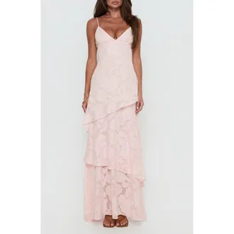 Princess Polly Lyricah Floral Burnout Tiered Gown in Pink at Nordstrom, Size 12