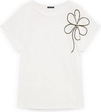 Fiorella Rubino Katoenen T-shirt met Bloemenborduursel - Dames - T-shirts - Wit - XL - Katoen - Tops