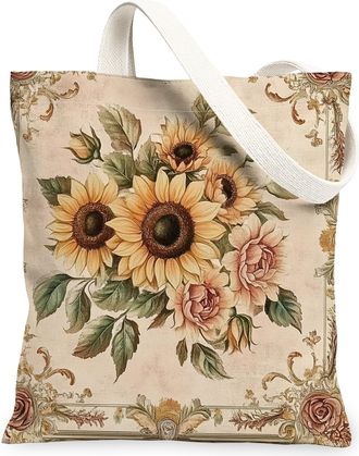 Generic Spring Aesthetic Sunflower Canvas Tote Bag for Shopping 13x15, Vintage Retro Floral Reusable Grocery Print Pattern Bag for Women, Abstract Flower Beac