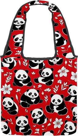 Generic Cute Panda on Red Reversible Canvas Shoulder Tote - Double-Sided Print, 12oz Cotton, 27cm Drop, Fold-Flat Bag for Travel, Shopping, Street Outings