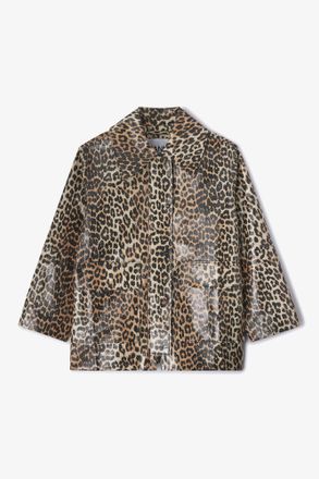 Ganni Brown Leopard Laminated Cotton Jacket - Size XXS/XS Organic