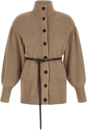 Brunello Cucinelli Beige Knitted Mock Collar Cardigan