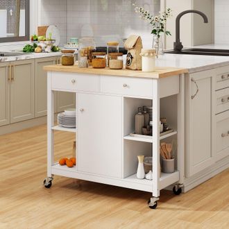 Costway Costway Kitchen Trolley Cart Rolling Kitchen Island with Cabinet & Rubber Wood Top in White