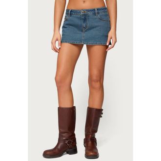 Edikted Josiee Low Rise Denim Miniskirt in Blue-Washed at Nordstrom, Size X-Large