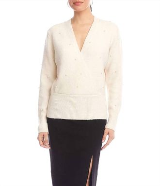 Karen Kane Faux Wrap Pearl Embellished Sweater In Cream