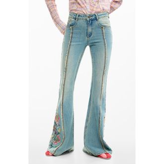 Desigual Embroidered Flare Jeans in Medium Blue at Nordstrom, Size 38