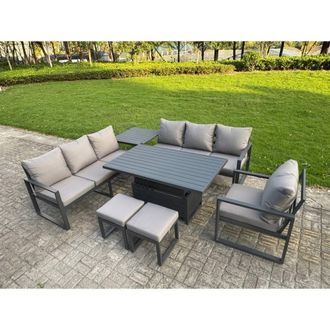 Fimous Aluminum 9-Seater Sofa Dining Set with Lifting Table & 2 Small Stools in Dark Grey