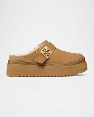 Tory Burch Mellow Suede Shearling Buckle Platform Loafer Mules
