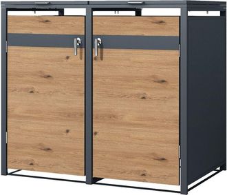 ML Design Ml-design Cobertizo Doble Para Ocultar Cubo De Basura 240l Antracita Aspecto Roble 132 X 80 X 116,3 Cm Caseta De Acero Para Jard&iacute;n Contenedor Resisten