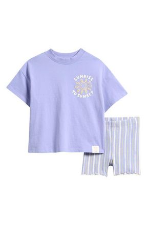 Next Kids Hello Sun Cotton Graphic T-Shirt & Stripe Bike Shorts Set in Blue at Nordstrom, Size 4-5Y