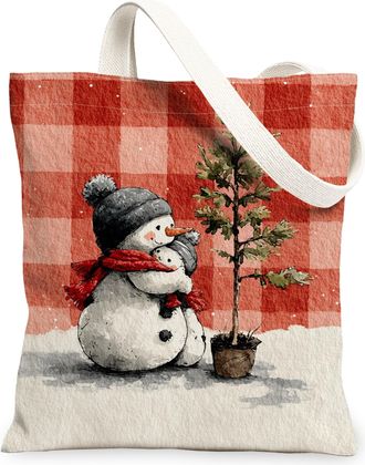 Generic Snow Man Canvas Tote Bags, Cute Winter Character Pattern Reusable Bags, Cozy Rustic Lightweight Washable Shoulder Strap for Travel Beach Picnic 13x15 