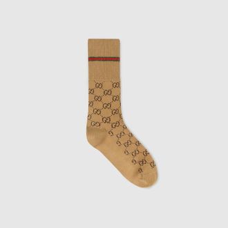 Gucci GG Cotton Socks With Web, Size L, Beige