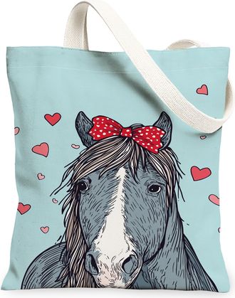 Generic Cute Horse Canvas Tote Bags, Fanciful Animal Print Reusable Grocery Bags, Lightweight Washable Shoulder Strap Canvas for Gy, Blue, 13x15 Inch
