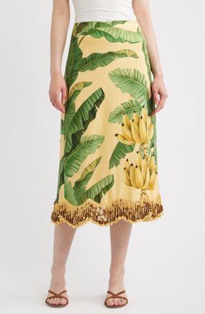 Farm Rio Botanical Fruit Print Beaded Fringe Midi Skirt in Fruit Leaves Banana at Nordstrom, Size Xx-Small