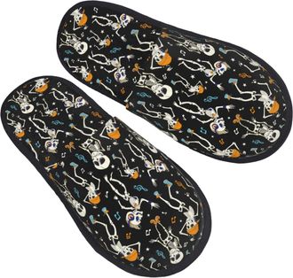 Generic Fleece Slippers Dancing Skeleton Party Lightweight Slippers Warm Anti-Slide Slipper For Travel Room Ladies M