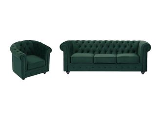 Vente-Unique Sof&aacute; de 3 plazas y sill&oacute;n de terciopelo verde CHESTERFIELD